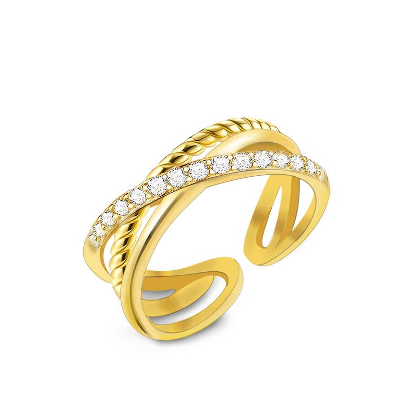Justerbar åben ring med flettet design og zirkoner - Gult guld