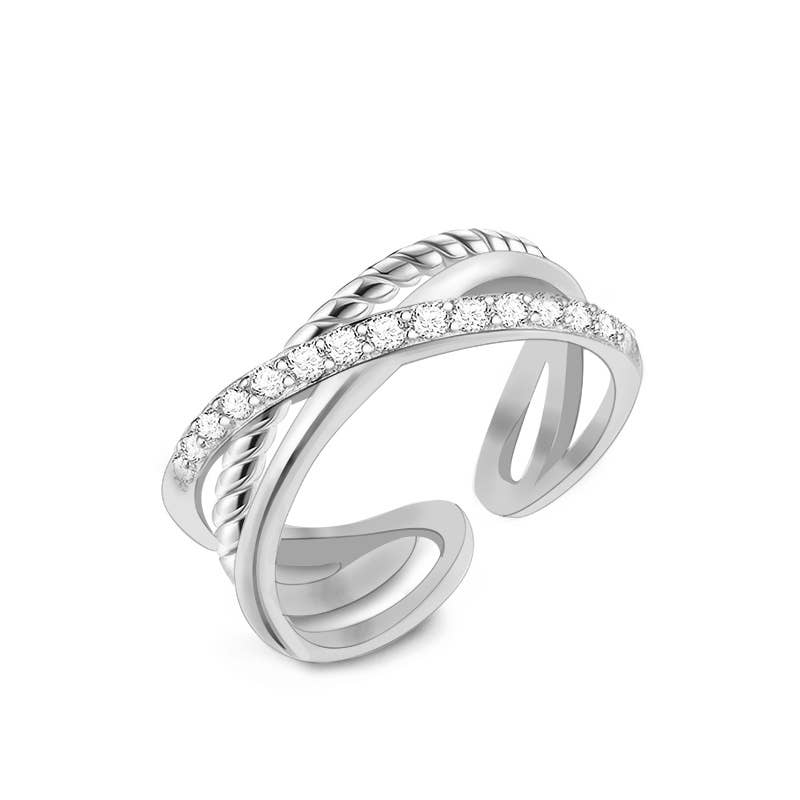 Justerbar åben ring med flettet design og zirkoner - Sølv