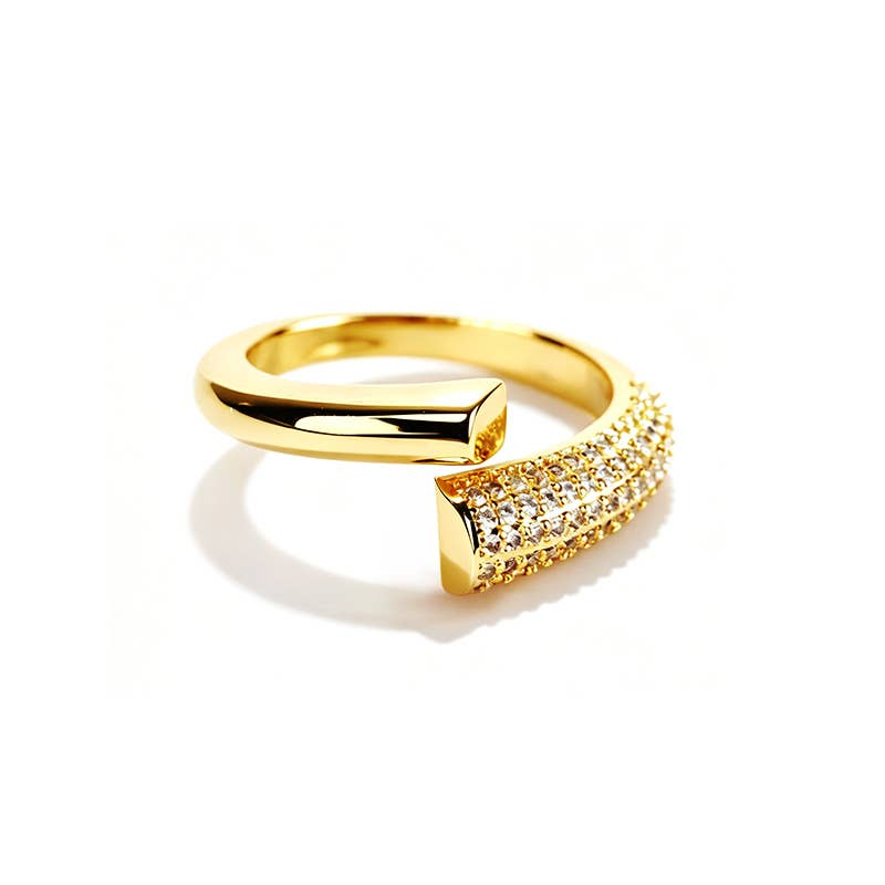 Justerbar asymmetrisk ring med pavé af zirkoner - Gult guld